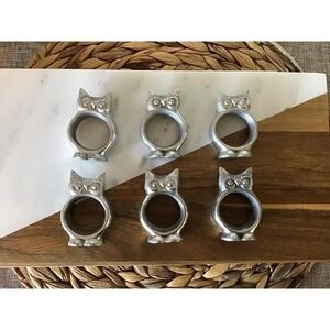 Pewter Owl Napkin Rings Holders Set of 6 Boho Whimsical Party Table Decor